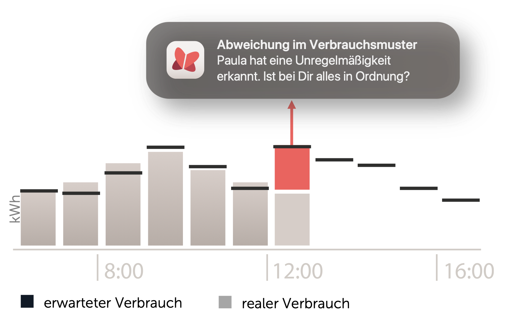 Tagesverlauf des Stromverbrauchs mit erwartetem und realem Verbrauch.