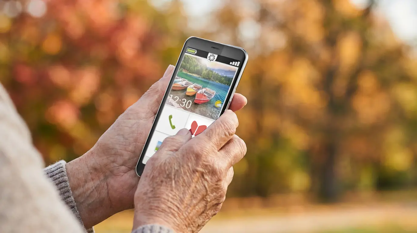 Pensionist bedient Paula-App am Smartphone