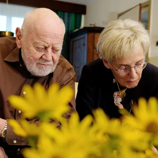 Ein älteres Ehepaar bückt sich zu Blumen hinunter.
