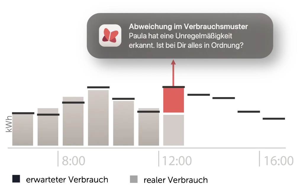 Tagesverlauf des Stromverbrauchs mit erwartetem und realem Verbrauch.