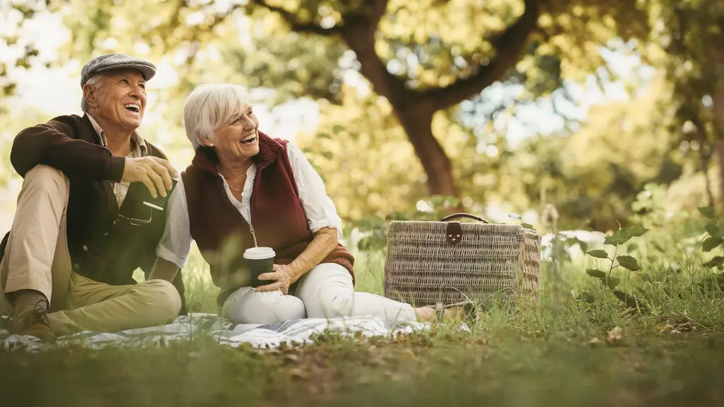 Zwei Personen sitzen in der Wiese bei einem Picknick